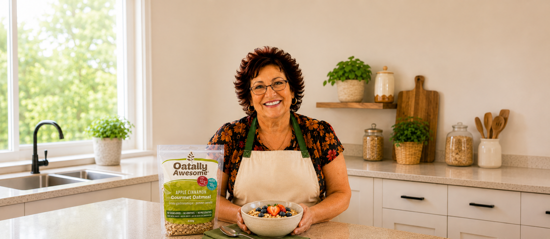 Kathy with Oatally Awesome Apple Cinnamon gourmet oatmeal in her kitchen